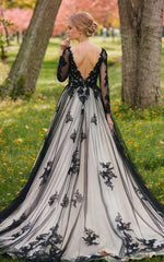 Boho Gothic Lace Black White Wedding Dress Long-Sleeve