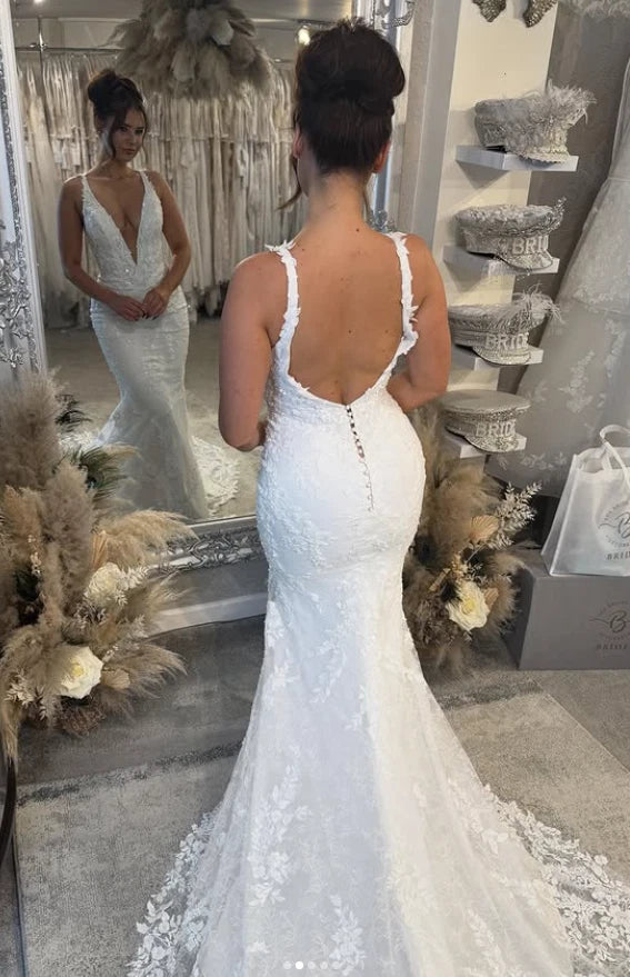 Boho Lace Bridal Gowns Deep V Neck Mermaid Wedding Dress Backless