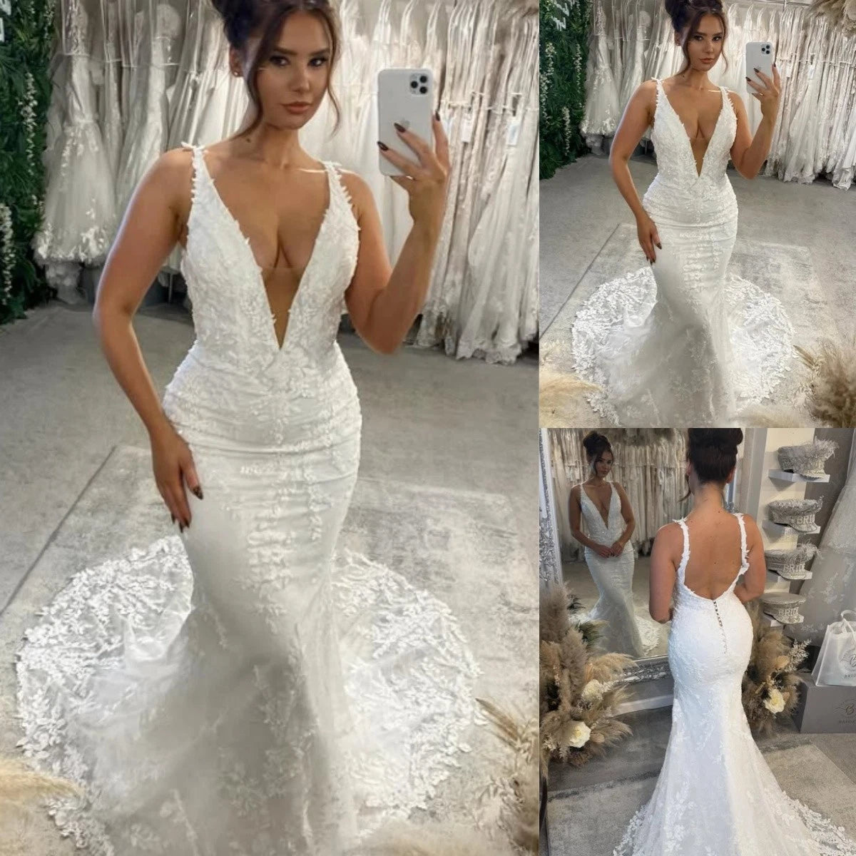 Boho Lace Bridal Gowns Deep V Neck Mermaid Wedding Dress Backless