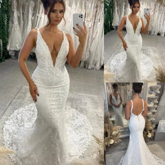 Boho Lace Bridal Gowns Deep V Neck Mermaid Wedding Dress Backless