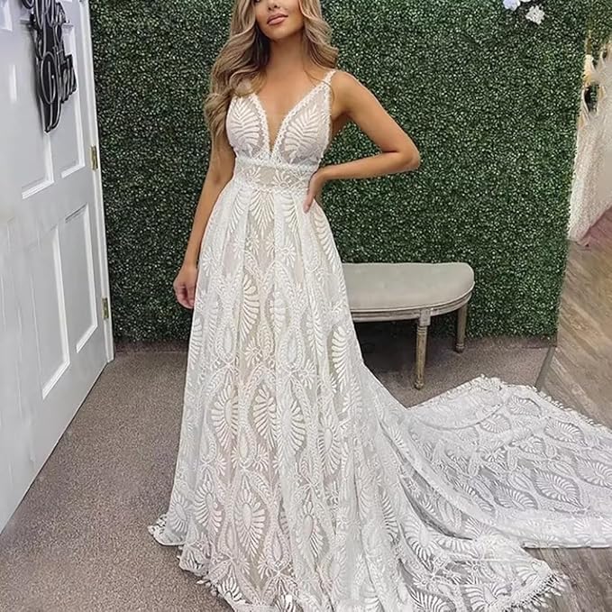 Boho Lace Wedding Dresses Beach V Neck with Detachable Sleeves