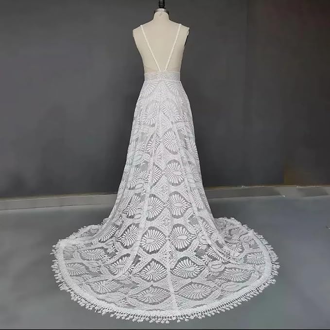Boho Lace Wedding Dresses Beach V Neck with Detachable Sleeves