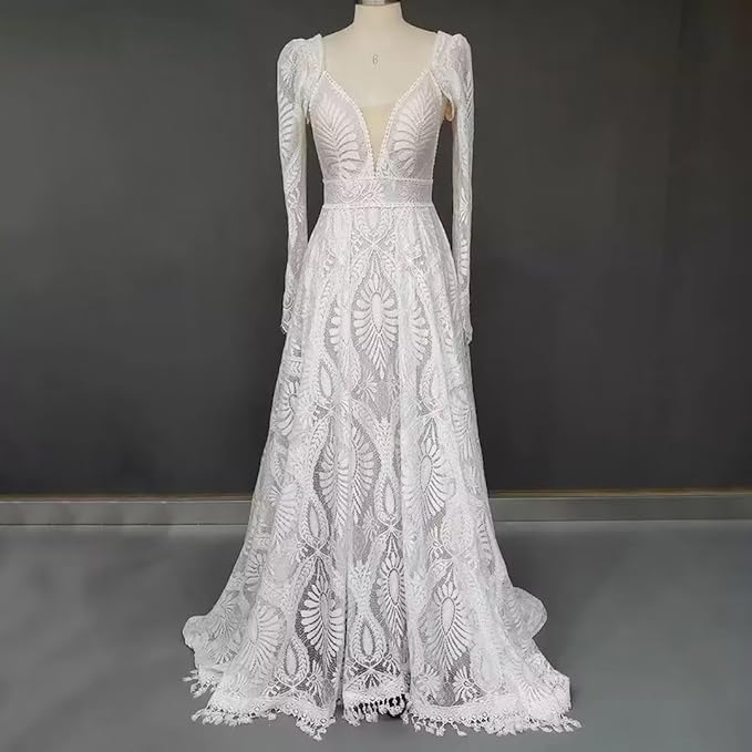 Boho Lace Wedding Dresses Beach V Neck with Detachable Sleeves