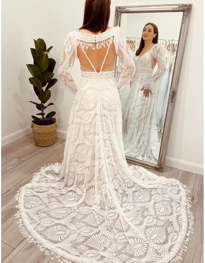 Boho Lace Wedding Dresses Beach V Neck with Detachable Sleeves