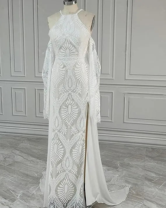 Customized Halter Boho White Ethereal Wedding Dresses Lace Mermaid