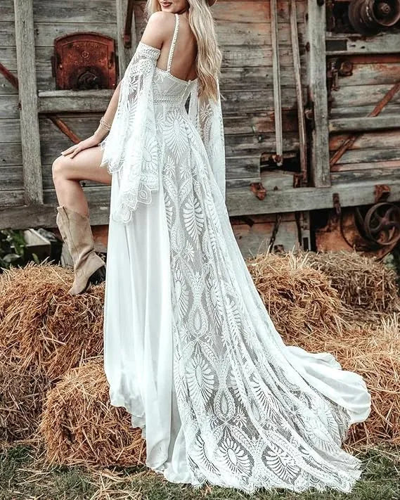 Customized Halter Boho White Ethereal Wedding Dresses Lace Mermaid
