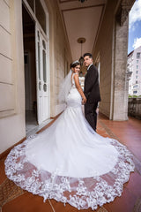 Boho Mermaid Lace Modest Wedding Dress Sleeveless Applique