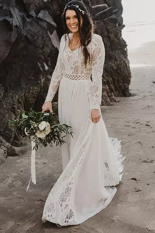 Long Sleeves Lace Beach Wedding Dresses Boho Chiffon V Neck