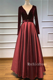 Burgundy Long Sleeves Prom Dresses with Pocket V Neck Evening Dresses
