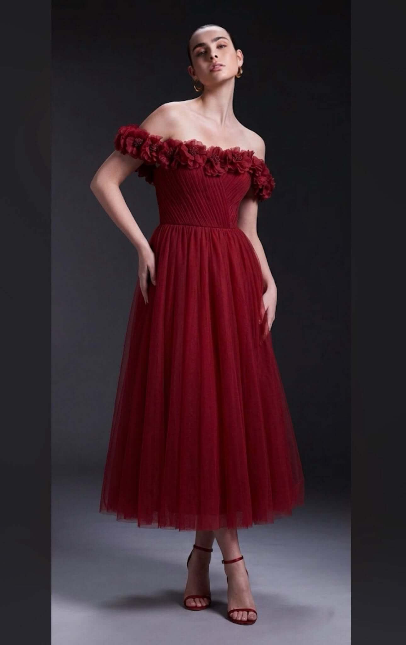 Burgundy Formal Dress Tulle Off the Shoulder Midi Wedding Guest Dress