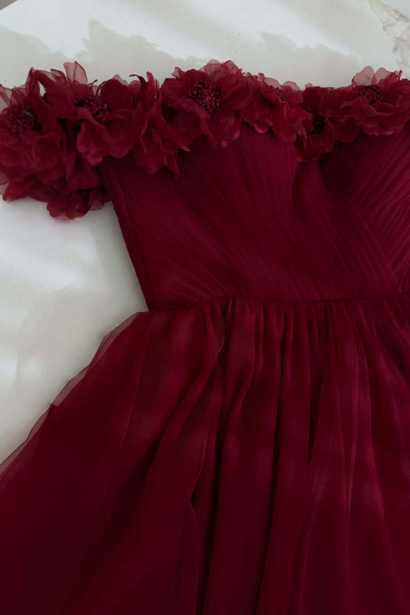Burgundy Formal Dress Tulle Off the Shoulder Midi Wedding Guest Dress