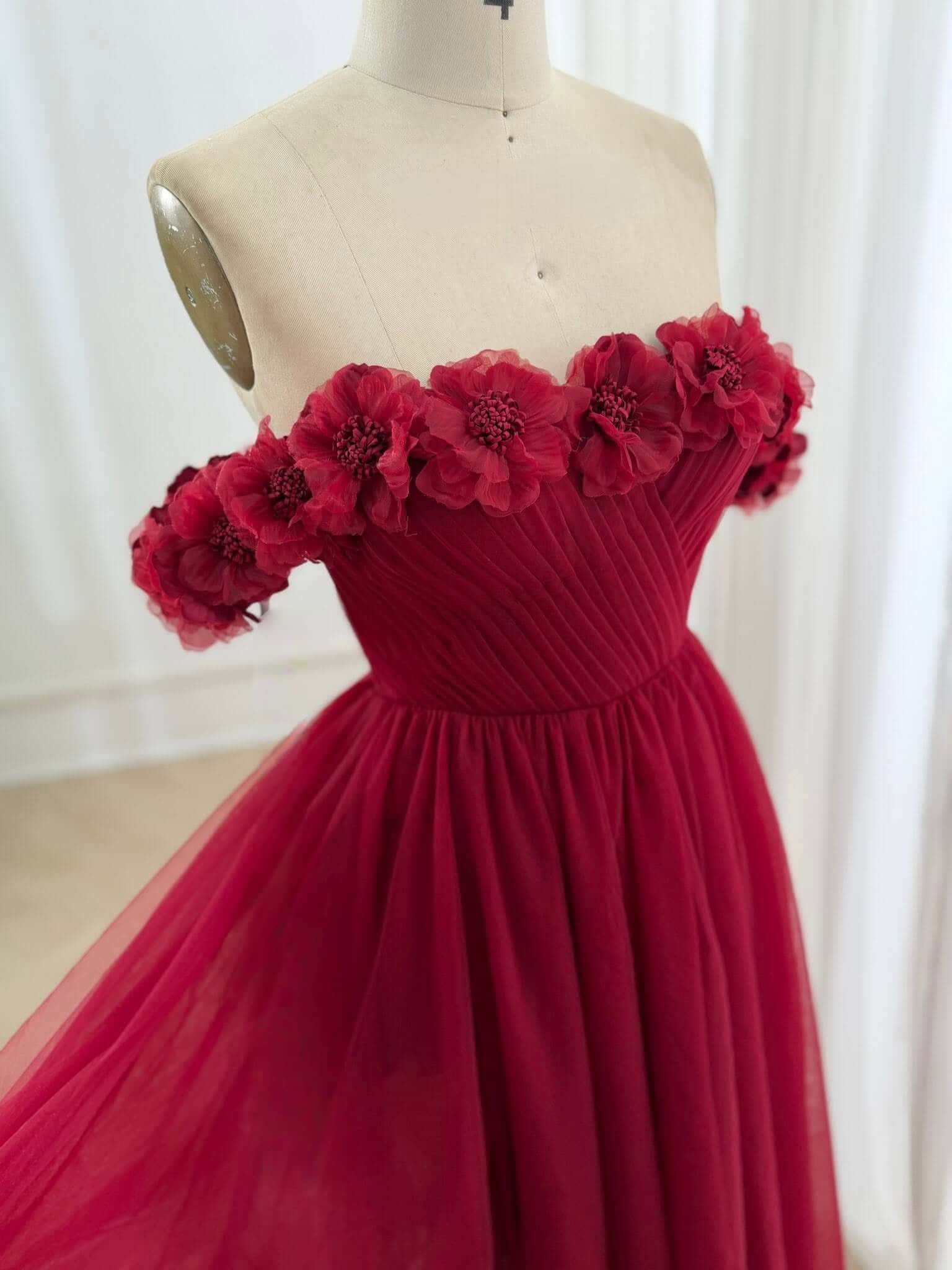 Burgundy Formal Dress Tulle Off the Shoulder Midi Wedding Guest Dress