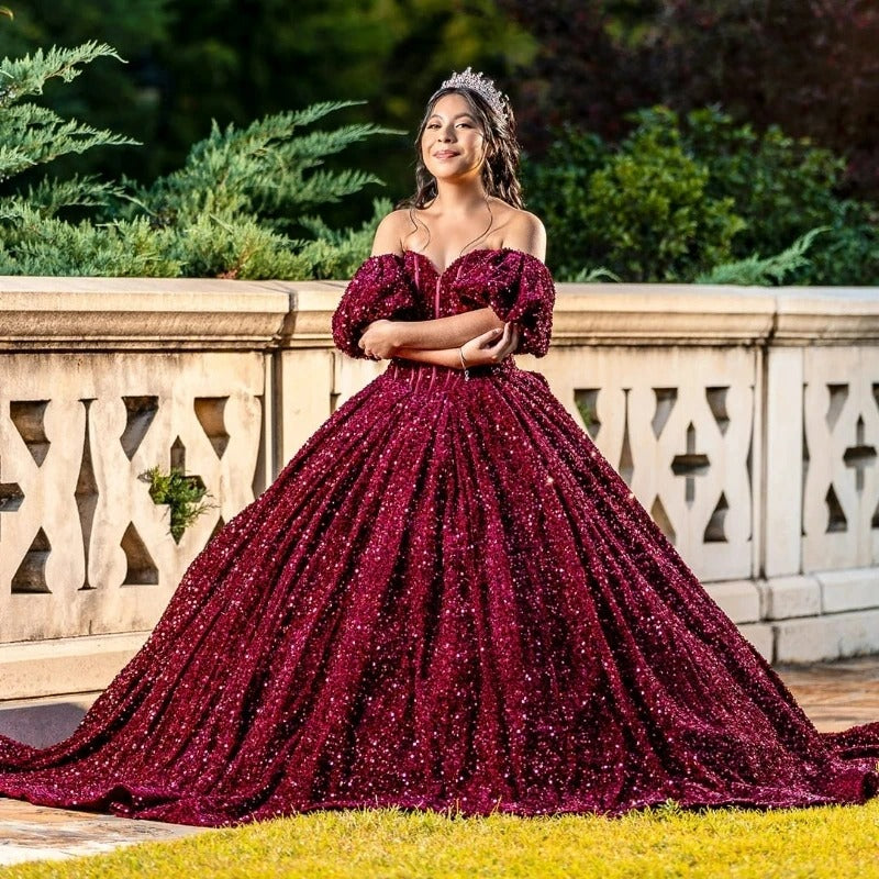 Plus Size Sequin Quinceanera Sweet 16 Dresses Burgundy
