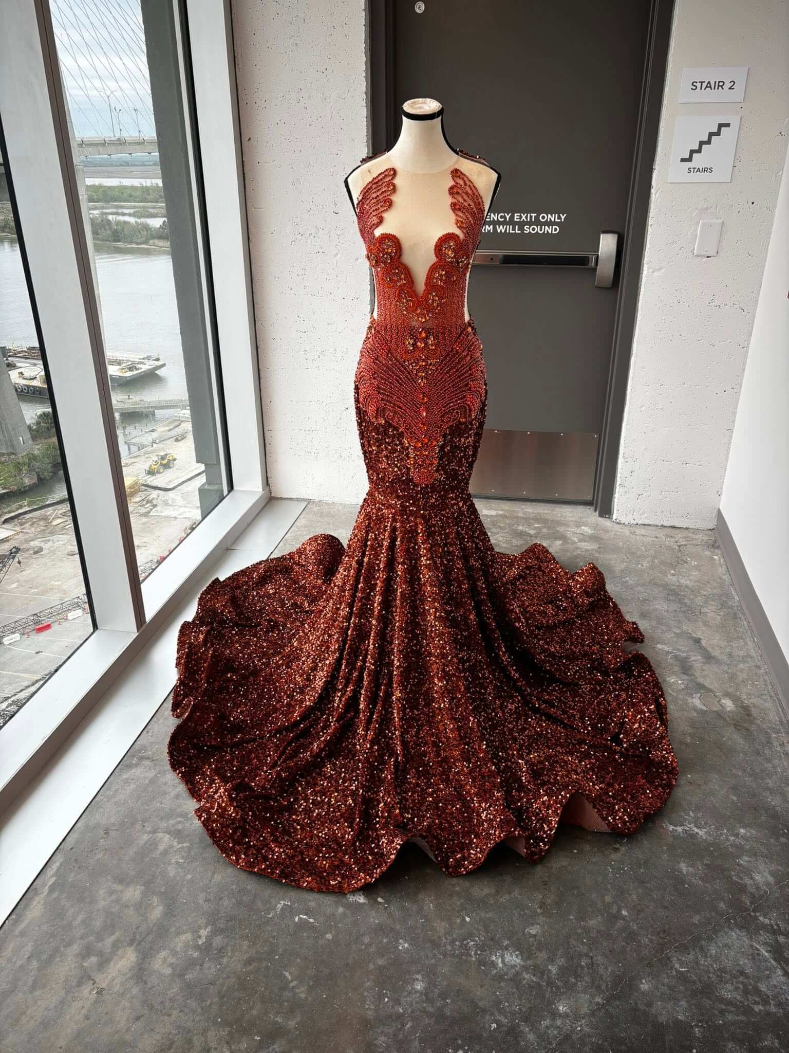 Burgundy Sequin Mermaid Evening Gown with Red Crystals Beaded