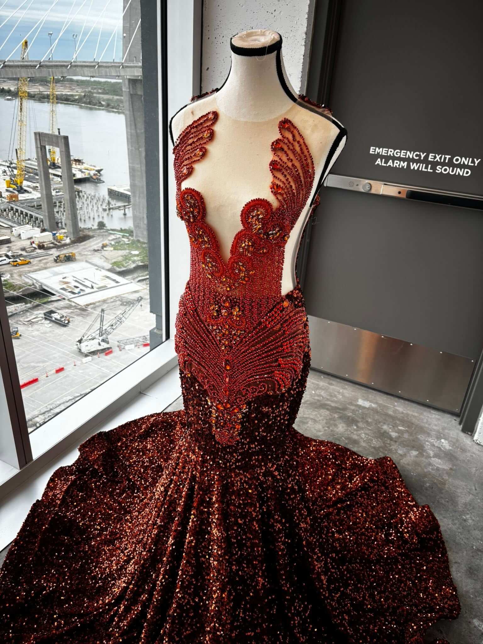 Burgundy Sequin Mermaid Evening Gown with Red Crystals Beaded