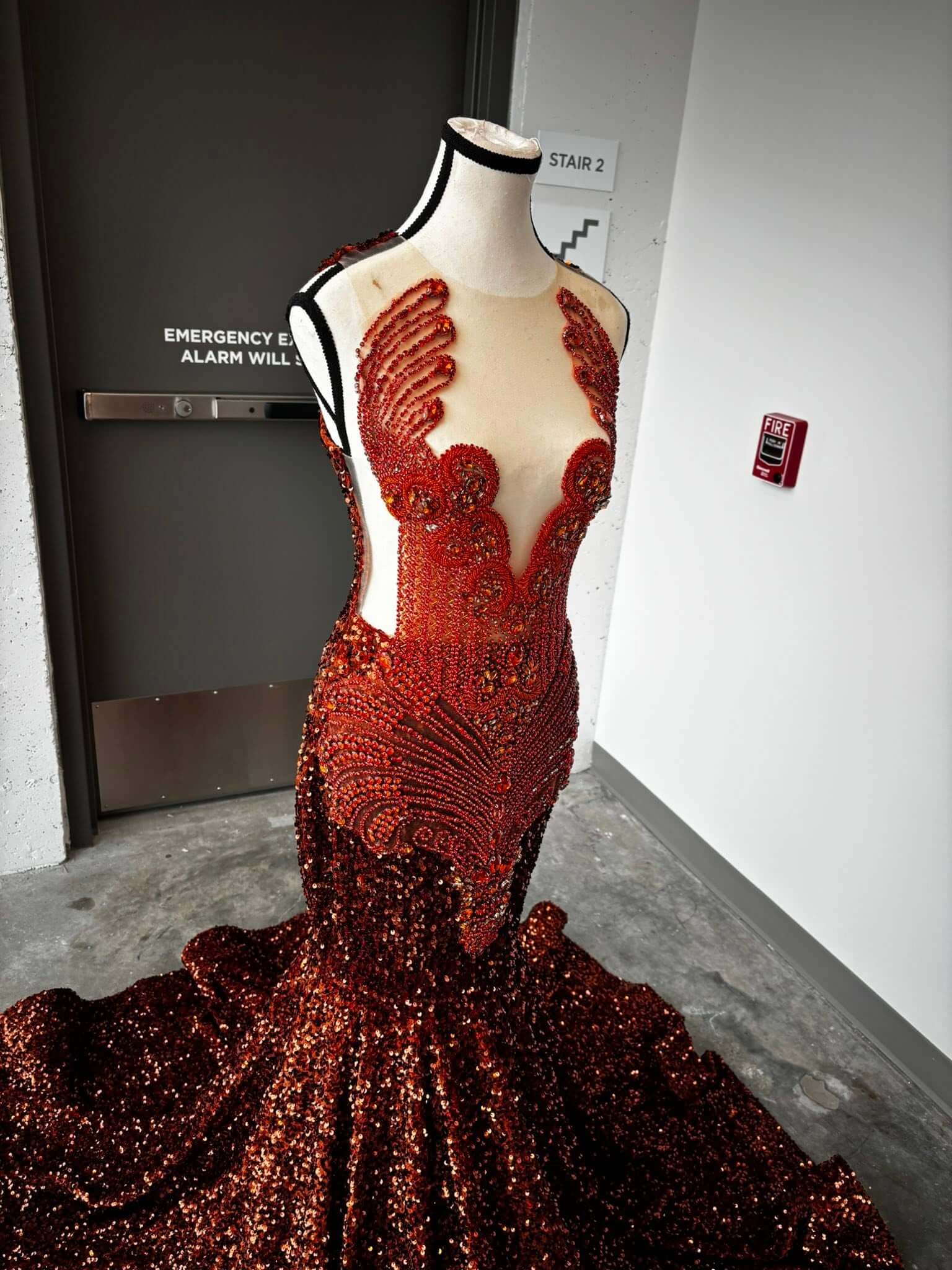 Burgundy Sequin Mermaid Evening Gown with Red Crystals Beaded