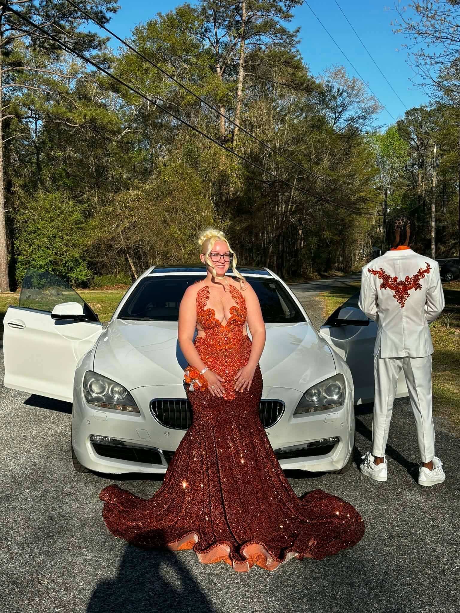 Burgundy Sequin Mermaid Evening Gown with Red Crystals Beaded