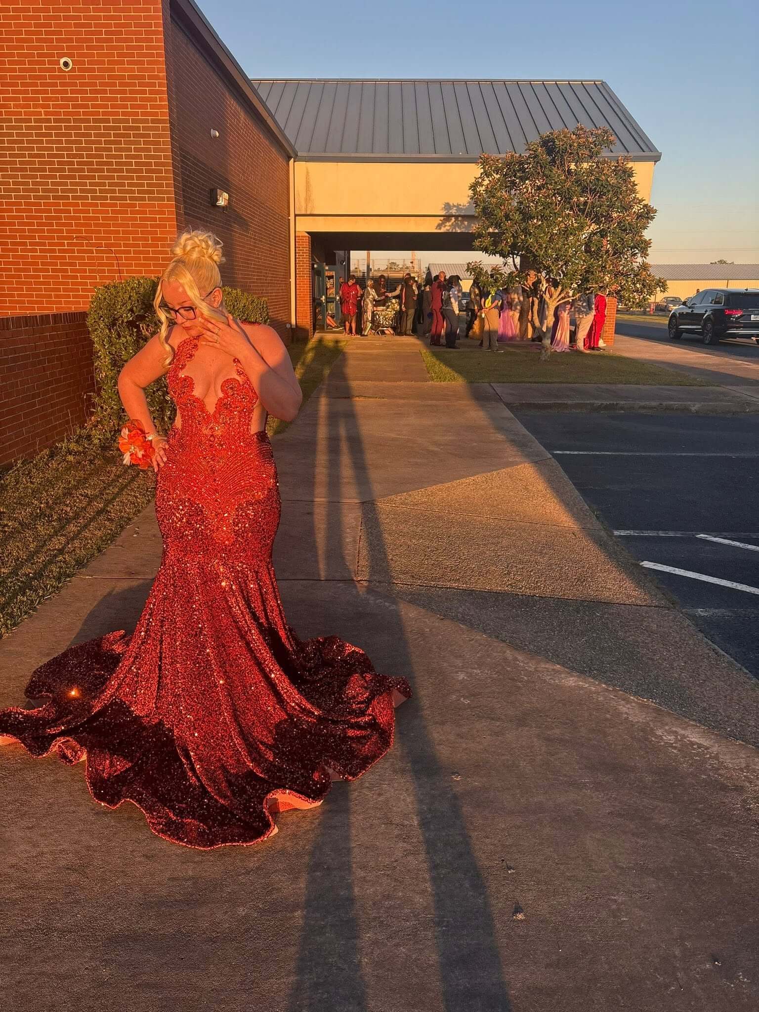 Burgundy Sequin Mermaid Evening Gown with Red Crystals Beaded