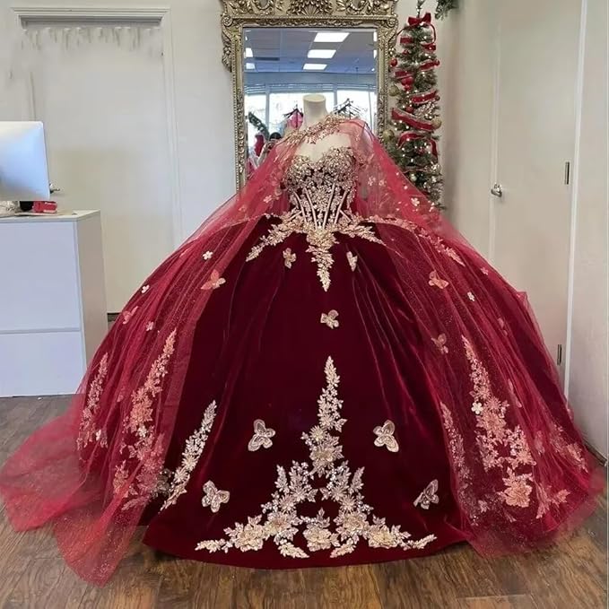 burgundy Velvet Quinceanera Dresses Gold Butterfly with Cape Mychicdress