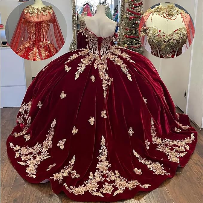 burgundy Velvet Quinceanera Dresses Gold Butterfly with Cape Mychicdress