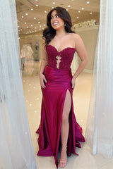 Royal Blue Mermaid Strapless Prom Dress 2025 Lace Applique High Slit Pleated - MyChicDress