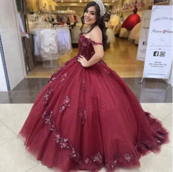 Princess Lace Dark Burgundy Quinceanera Dresses Beading Sweetheart