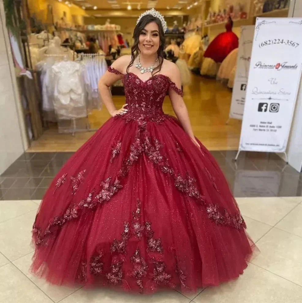 Princess Lace Burgundy Quince Dresses Beading Sweetheart