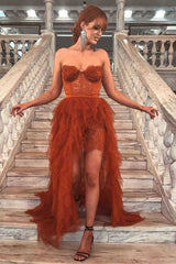 Hot Rust Red High Low Prom Dresses Tulle Sweetheart Long Formal Dress Tiered