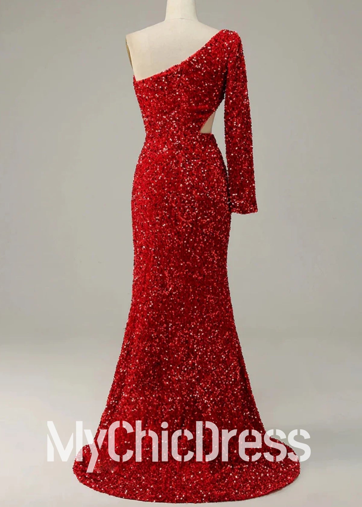 Sequins One-Sleeve Black Formal Dresses Cutout Long Prom Dress with Slit