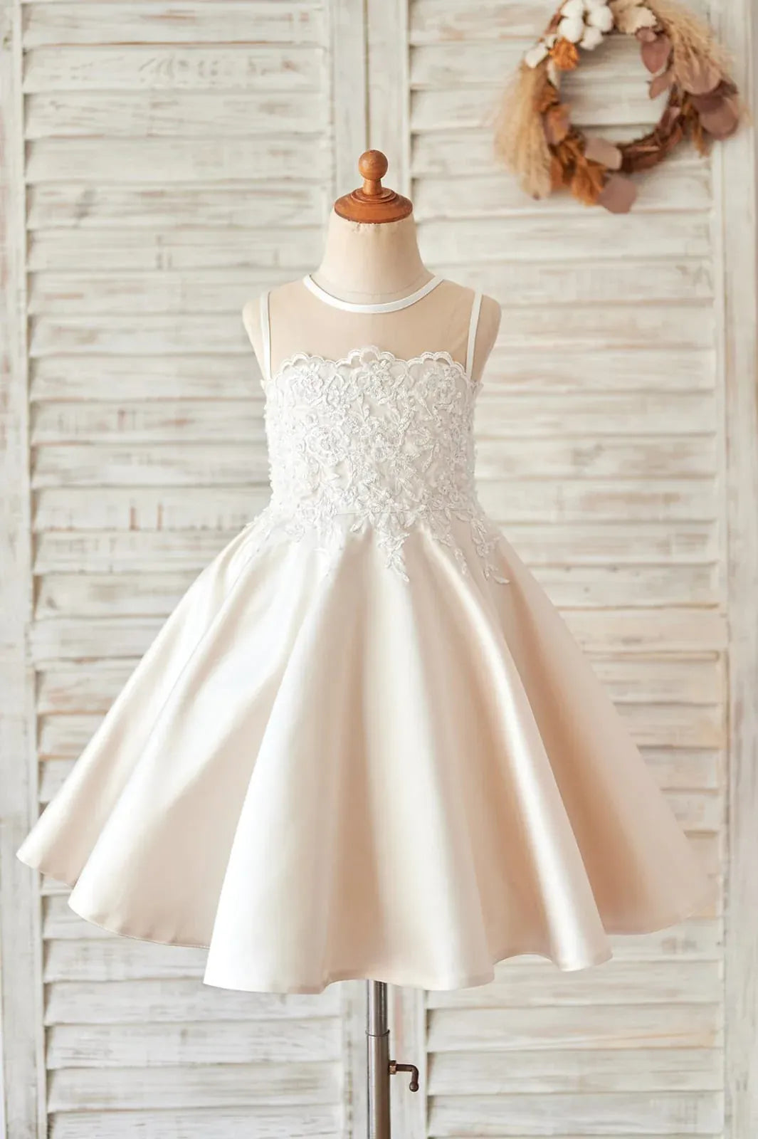 Cute Champagne Satin Flower Girl Dress for Wedding Ivory Lace