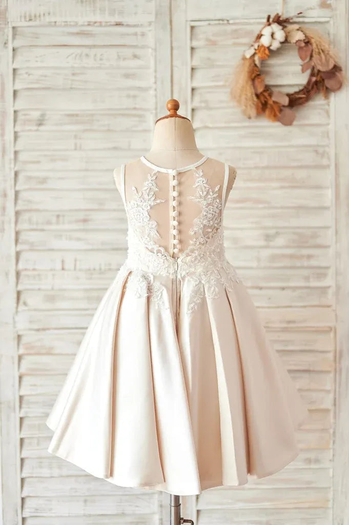 Cute Champagne Satin Flower Girl Dress for Wedding Ivory Lace