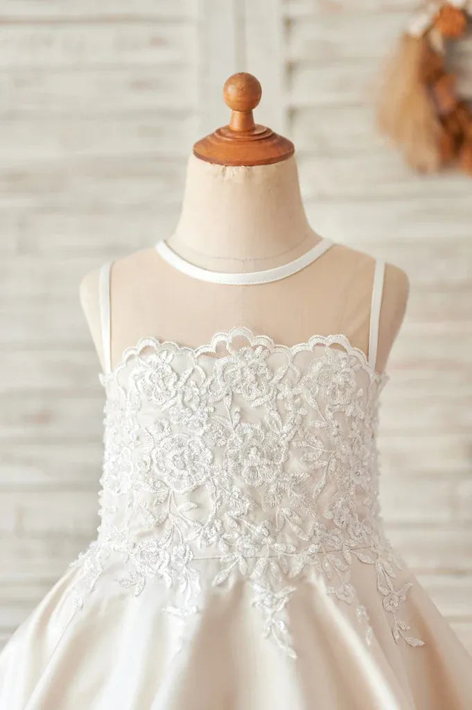 Cute Champagne Satin Flower Girl Dress for Wedding Ivory Lace