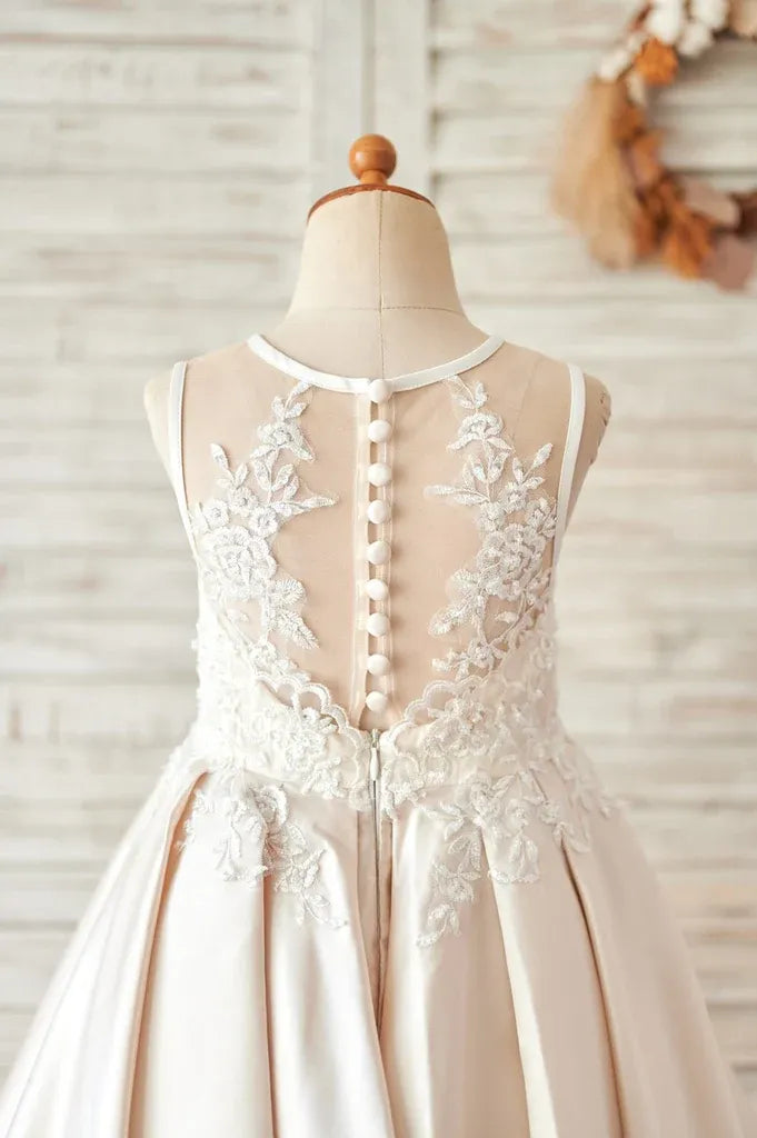 Cute Champagne Satin Flower Girl Dress for Wedding Ivory Lace