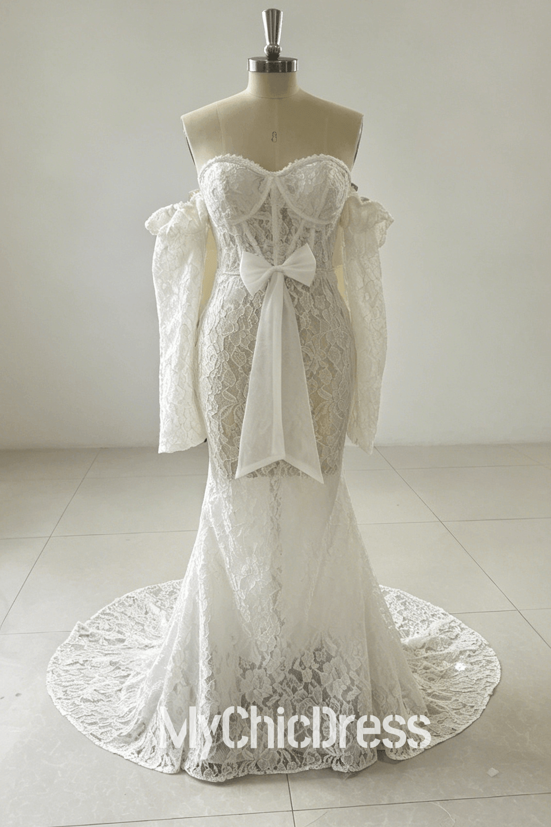 Charming Ivory Lace Boho Wedding Dresses Long Sleeves With Bow