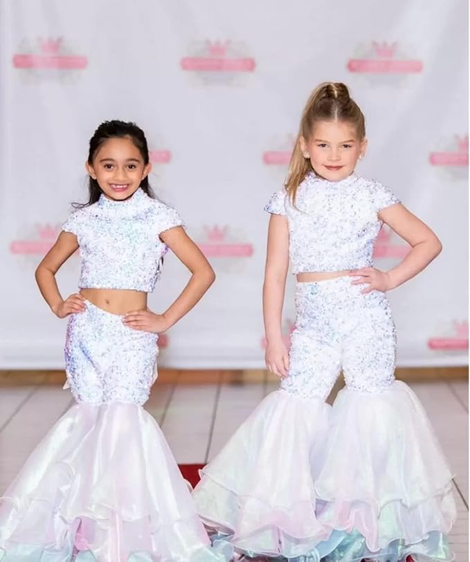 High Neck Red Two Pieces Sequin Girl Pageant Dress Cap Sleeves