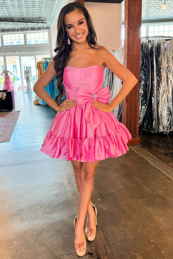 pink strapless Homecoming Dress with Bow Mychicdress
