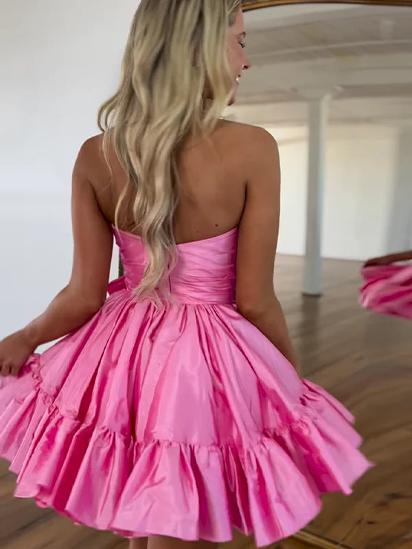 Vestido de fiesta de tafetán corto, económico, de corte A y con lazo