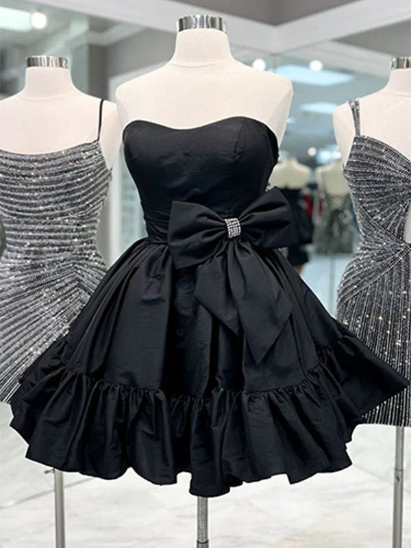 Vestido de fiesta de tafetán corto, económico, de corte A y con lazo