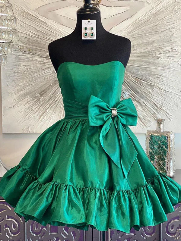 Vestido de fiesta de tafetán corto, económico, de corte A y con lazo