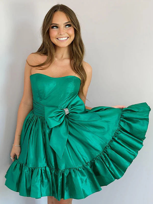 Vestido de fiesta de tafetán corto, económico, de corte A y con lazo