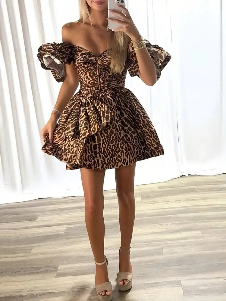 Cheap Black Leopard Off-Shoulder Satin Homecoming Dress With Bow