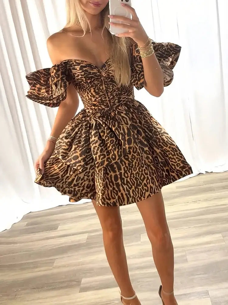 Cheap Black Leopard Off-Shoulder Satin Homecoming Dress With Bow