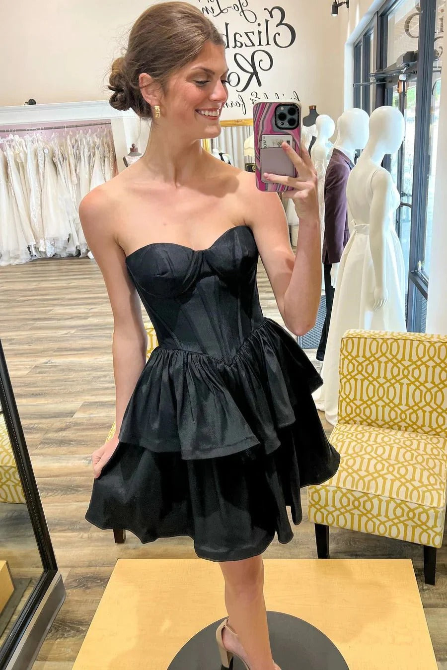 Cheap Black Strapless Homecoming Dress Satin Layered