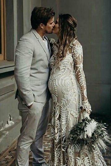 Cheap Boho Lace Maternity Wedding Dress Lace Long Sleeves