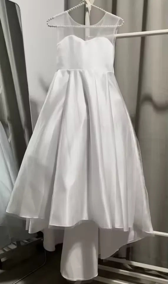 Cute A Line Satin White Flower Gril Dresses with Bowknot