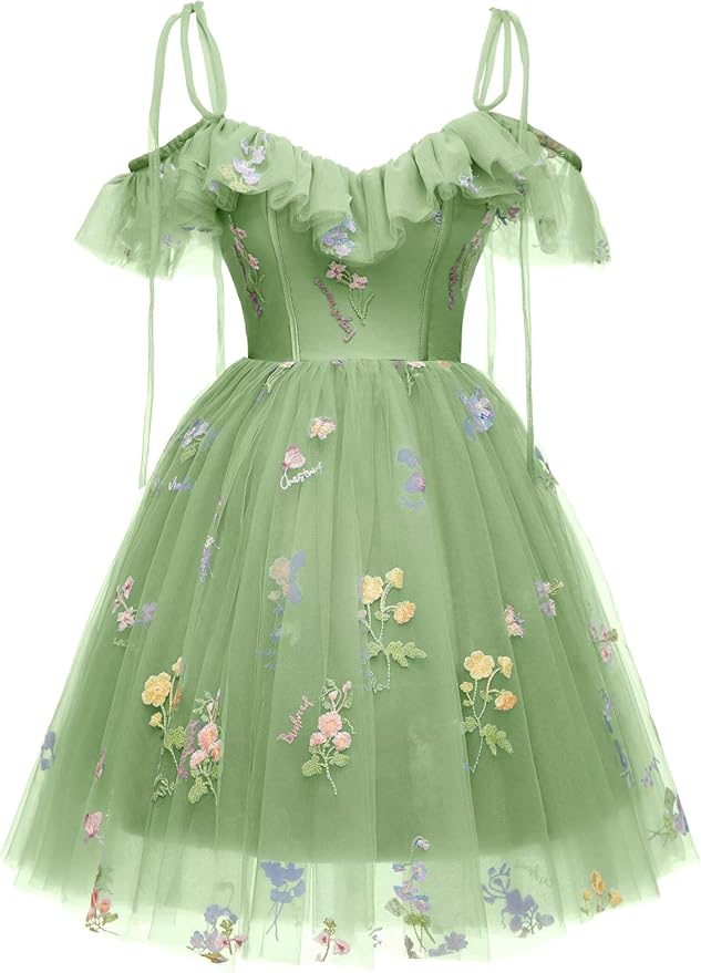 Cheap Green Floral Hoco Dresses A-Line Tulle Sweet 16 Dress with Straps