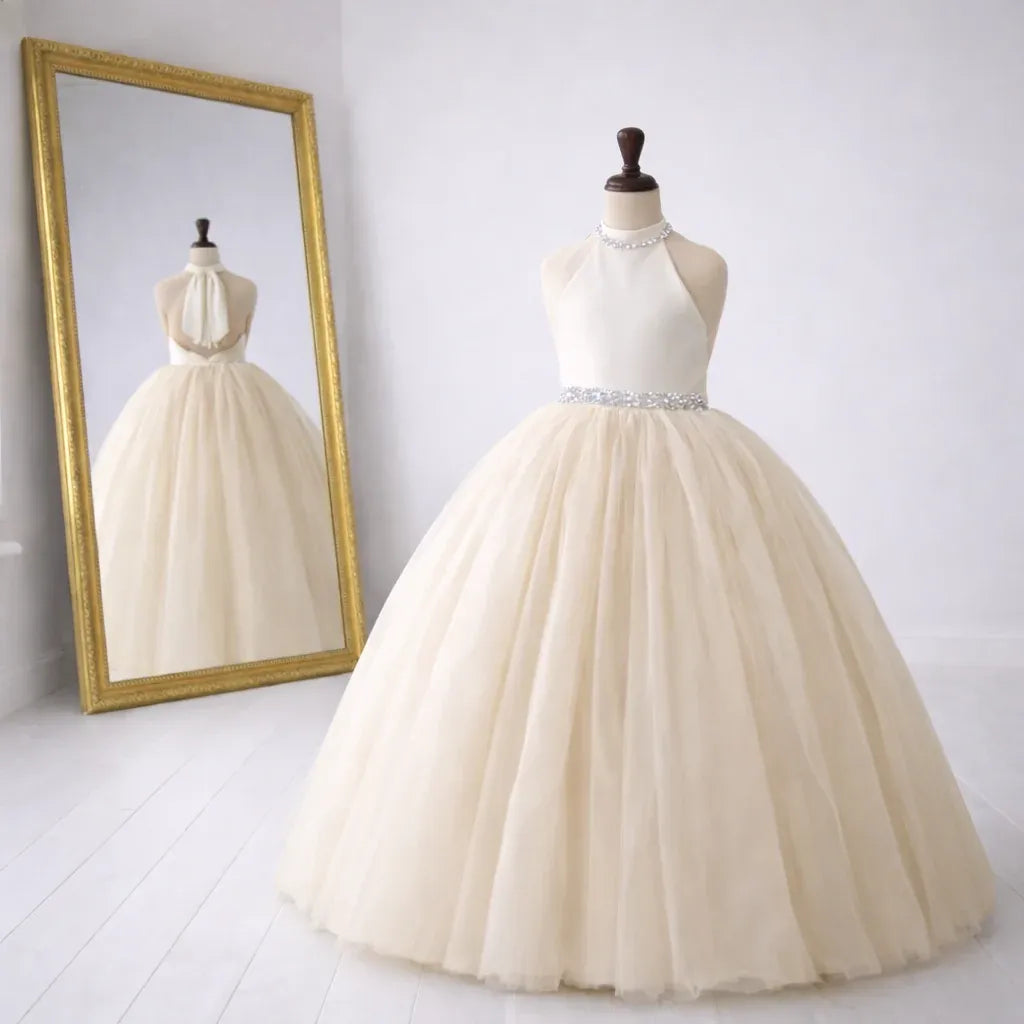 Cheap Halter Ivory Flower Girl Dress Sleeveless with Beaded