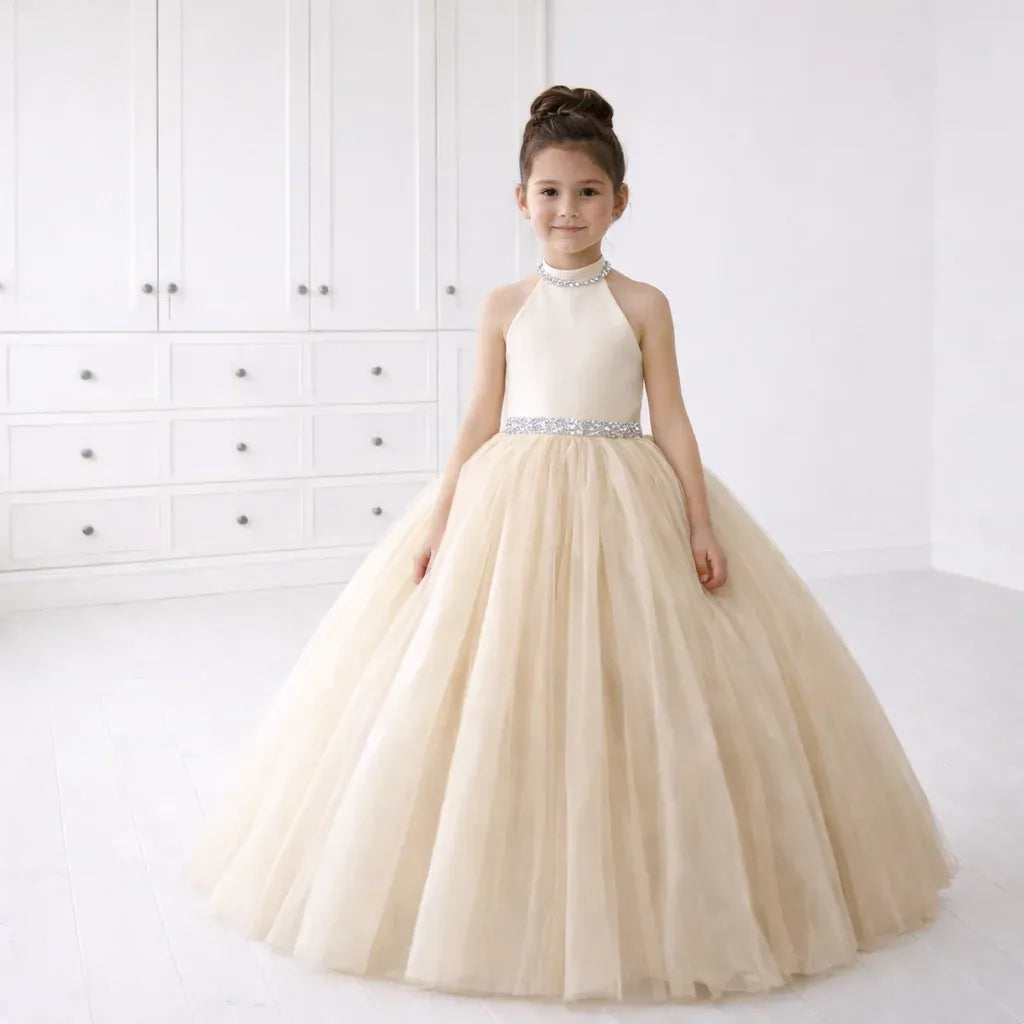 Cheap Halter Ivory Flower Girl Dress Sleeveless with Beaded