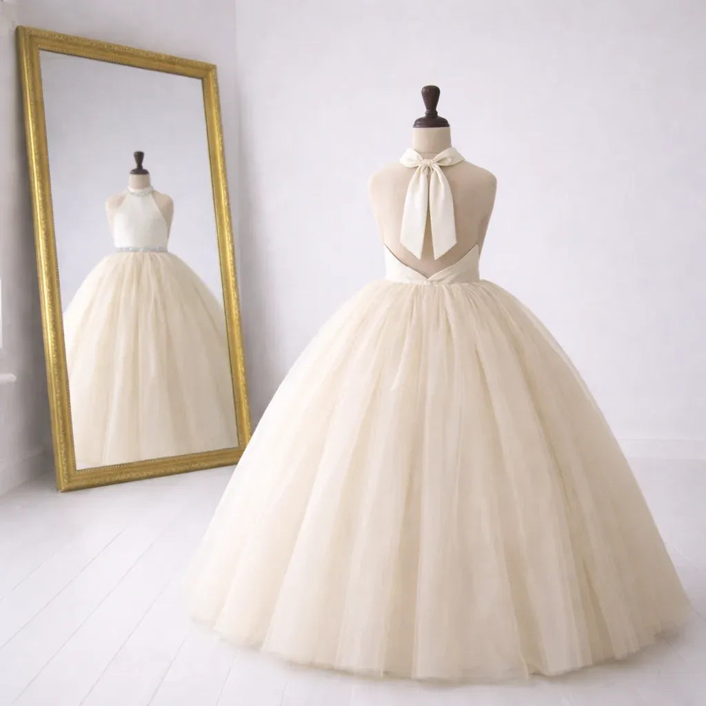 Cheap Halter Ivory Flower Girl Dress Sleeveless with Beaded