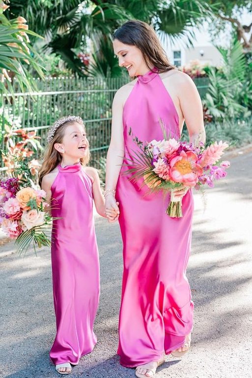 Cheap Halter Satin Bridesmaid Dress hot pink Maxi Guest Dress Mychicdress